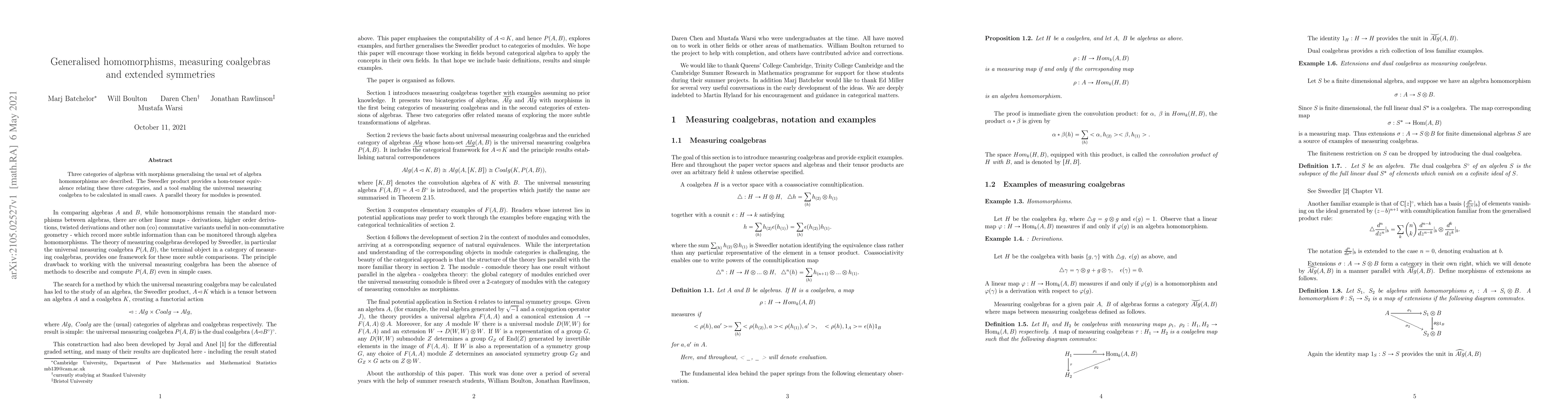 Thumbnail for Generalised homomorphisms, measuring coalgebras and extended symmetries