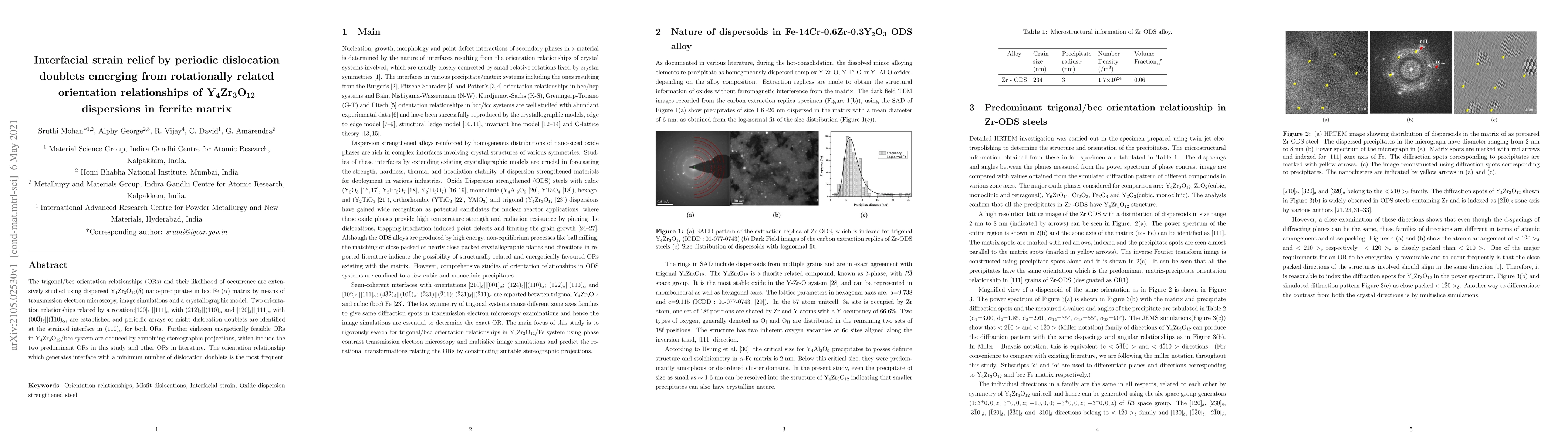 Thumbnail for Interfacial strain relief by periodic dislocation doublets emerging from
  rotationally related orientation relationships of Y4Zr3O12 dispersions in
  ferrite matrix
