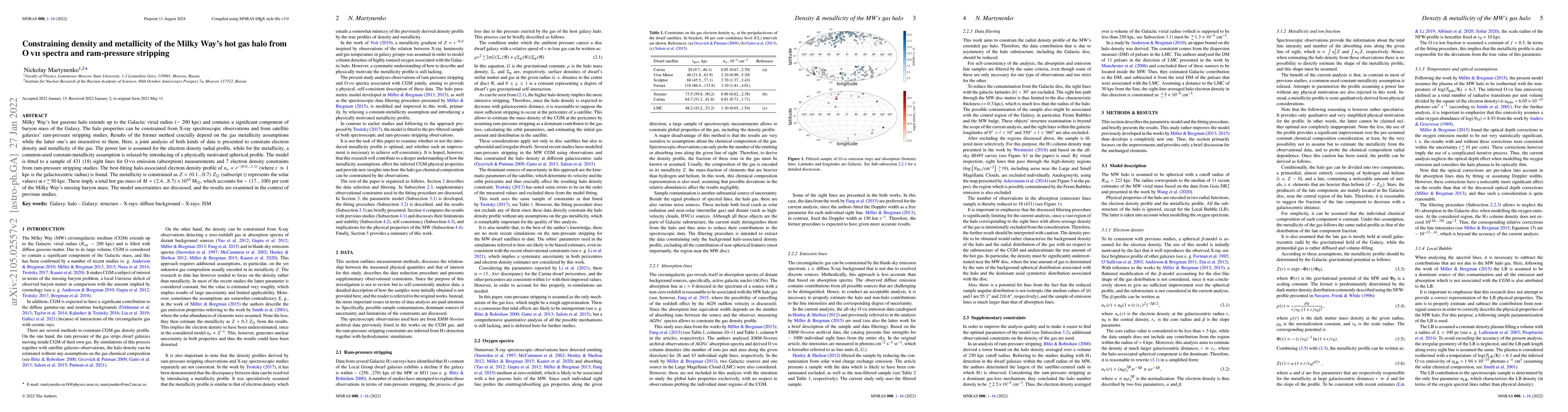 Thumbnail for Constraining density and metallicity of the Milky Way's hot gas halo
  from O VII spectra and ram-pressure stripping