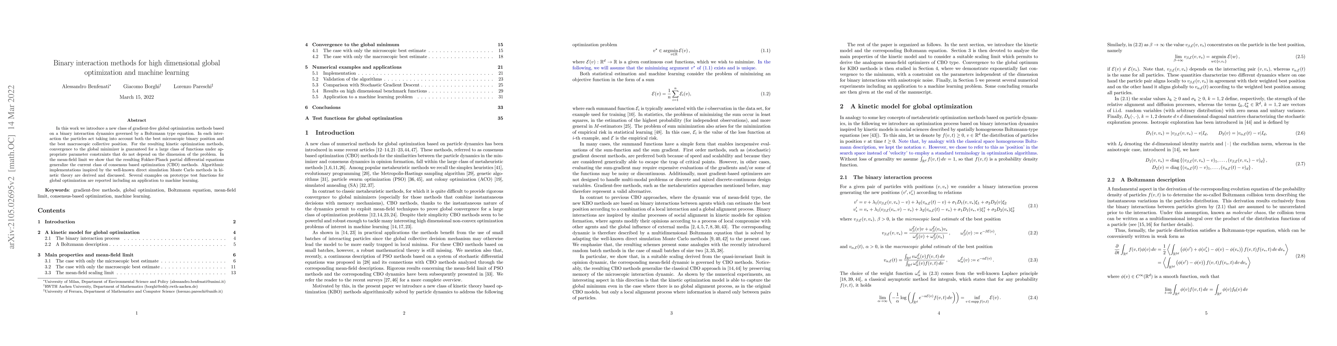 Thumbnail for Binary interaction methods for high dimensional global optimization and
  machine learning