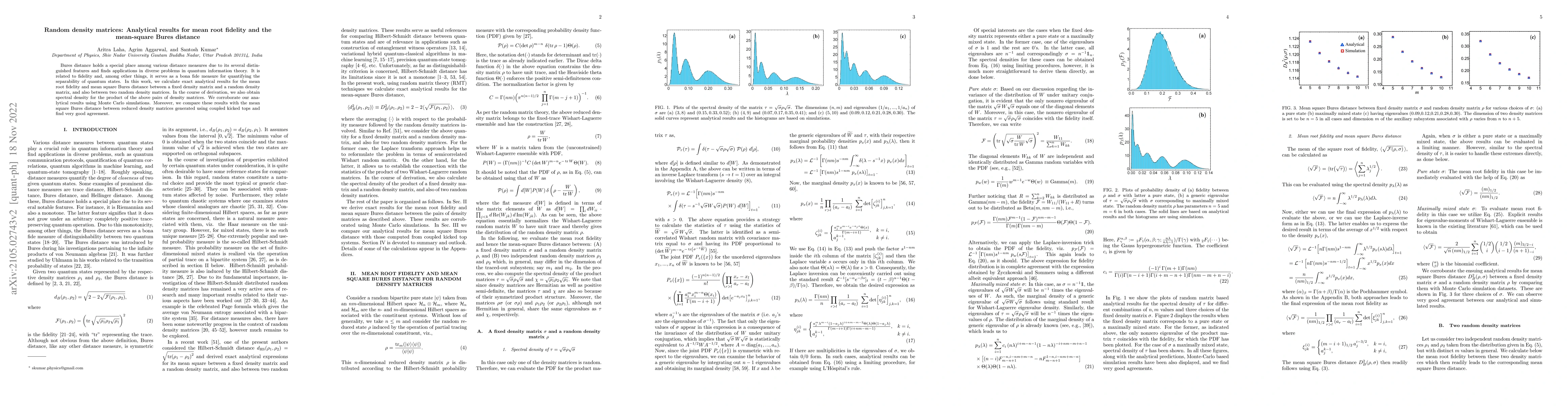 Thumbnail for Random density matrices: Analytical results for mean root fidelity and
  mean square Bures distance