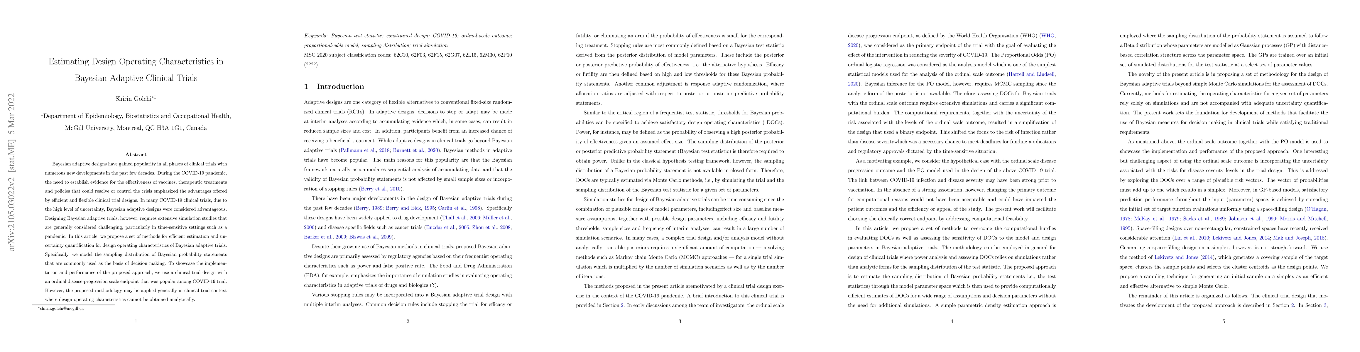 Thumbnail for Estimating Design Operating Characteristics in Bayesian Adaptive
  Clinical Trials
