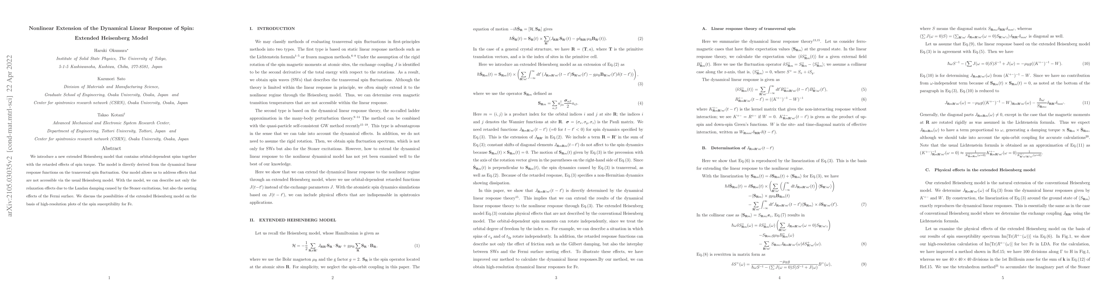 Thumbnail for Non-linear extension of the dynamical linear response of spins; extended
  Heisenberg model