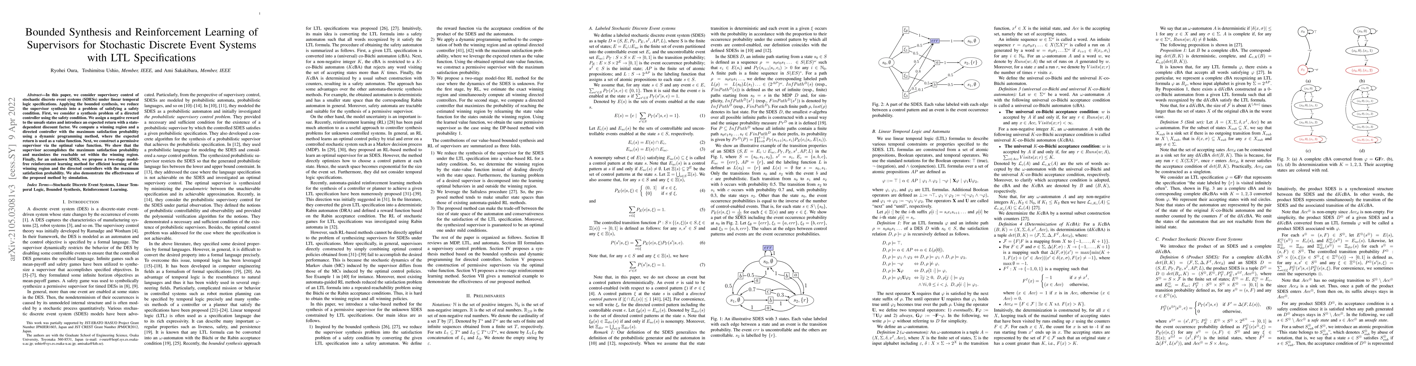 Thumbnail for Bounded Synthesis and Reinforcement Learning of Supervisors for
  Stochastic Discrete Event Systems with LTL Specifications
