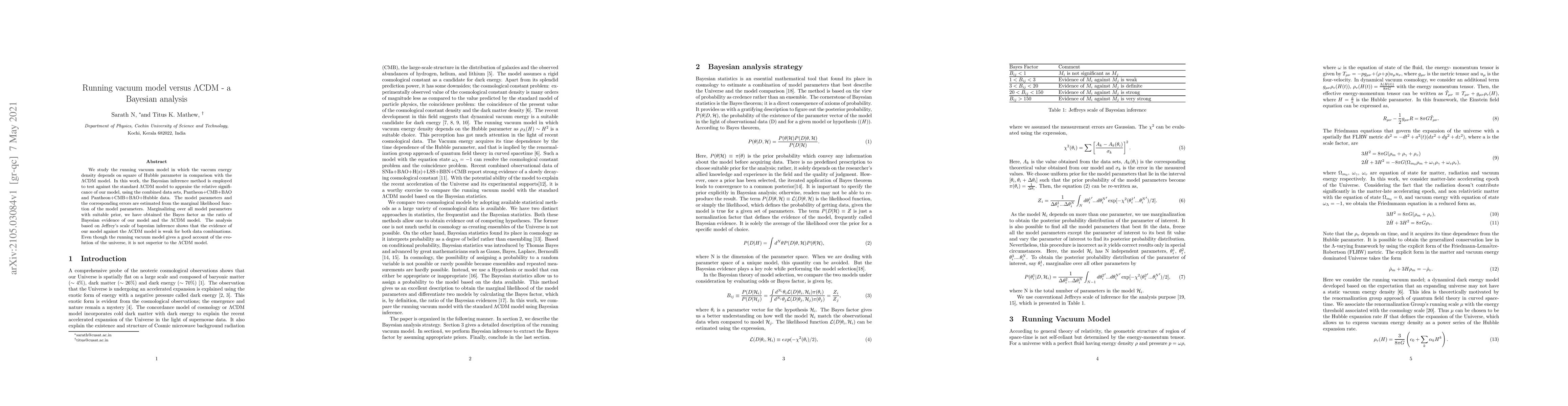 Thumbnail for Running vacuum model versus $\Lambda$CDM -- a Bayesian analysis