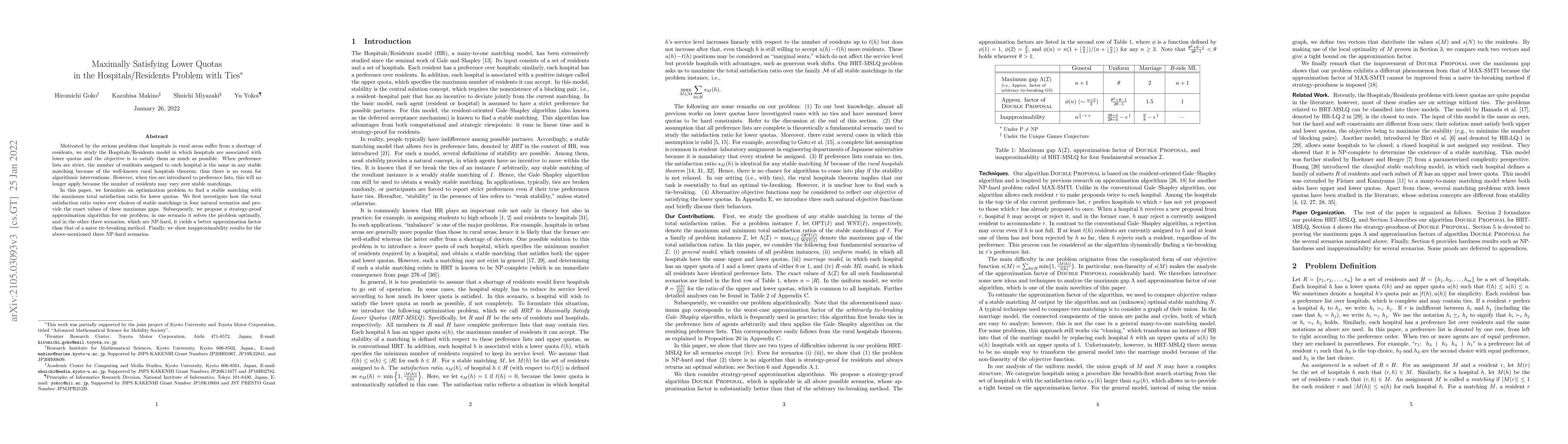 Thumbnail for Maximally Satisfying Lower Quotas in the Hospitals/Residents Problem
  with Ties