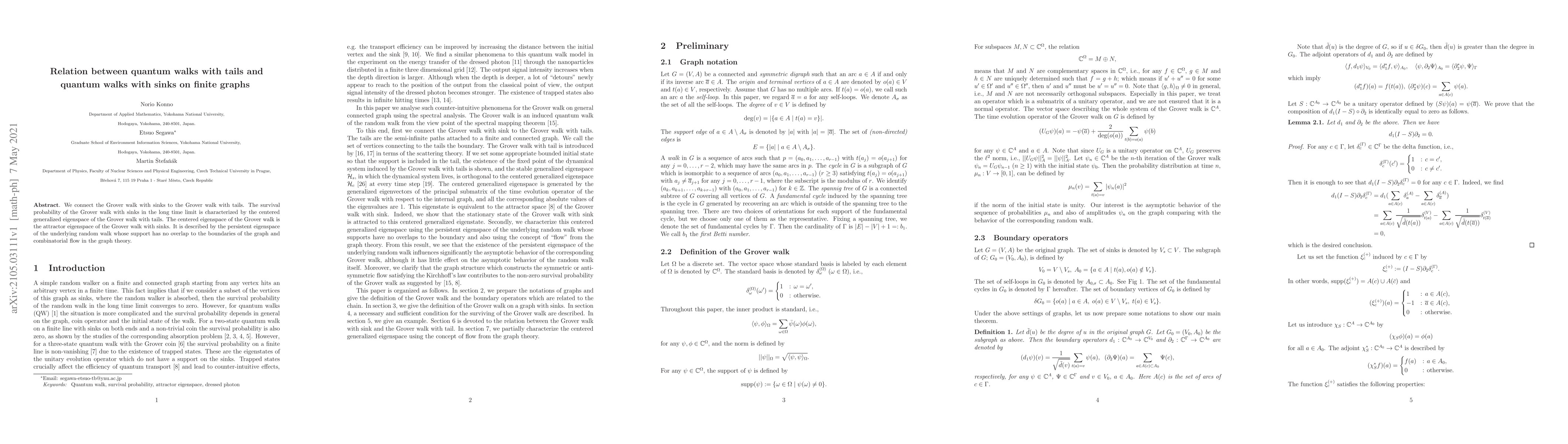 Thumbnail for Relation between quantum walks with tails and quantum walks with sinks
  on finite graphs