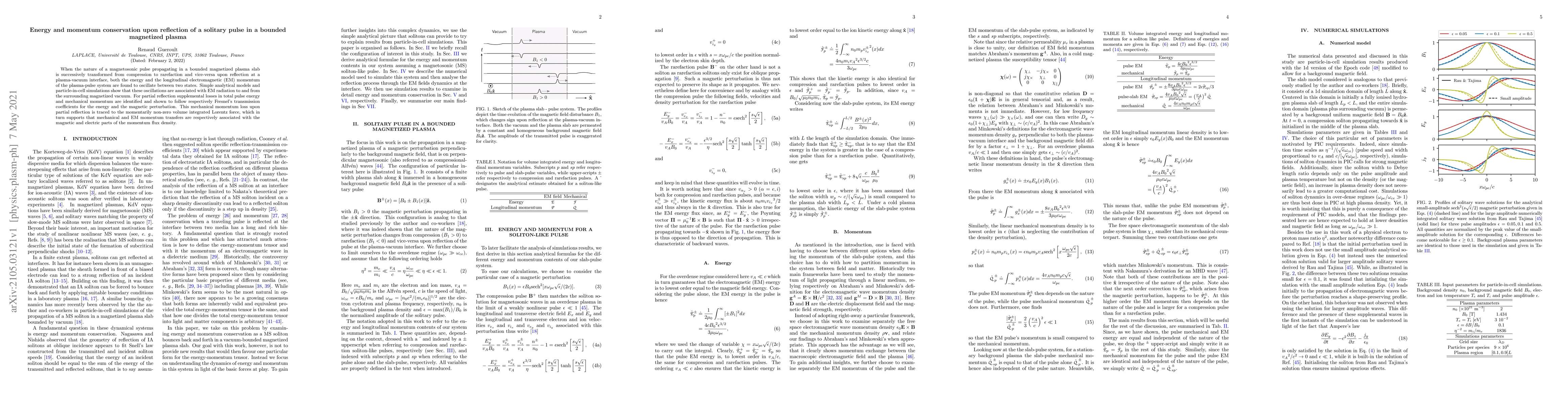 Thumbnail for Energy and momentum conservation upon reflection of a solitary pulse in
  a bounded magnetized plasma