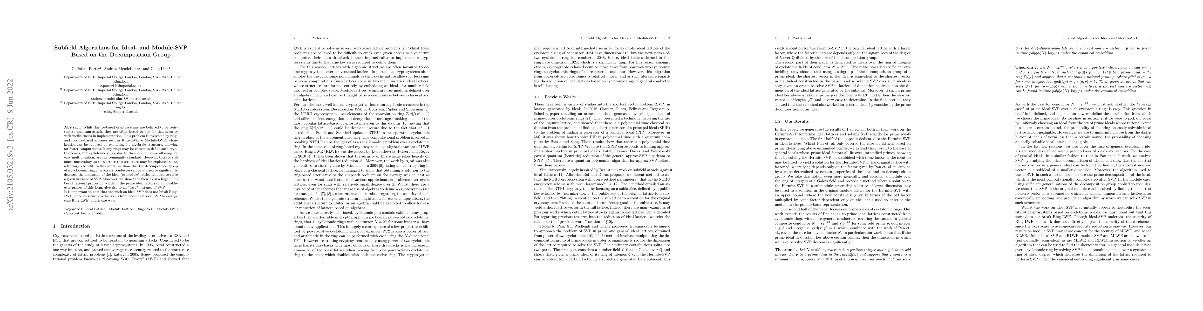Thumbnail for Subfield Algorithms for Ideal- and Module-SVP Based on the Decomposition
  Group