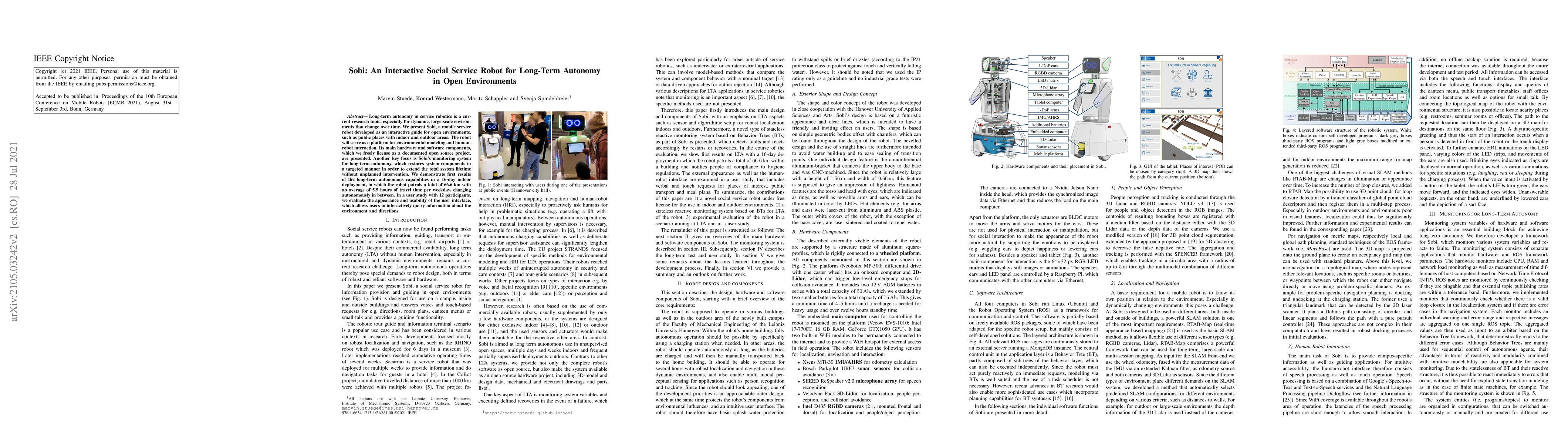 Thumbnail for Sobi: An Interactive Social Service Robot for Long-Term Autonomy in Open
  Environments