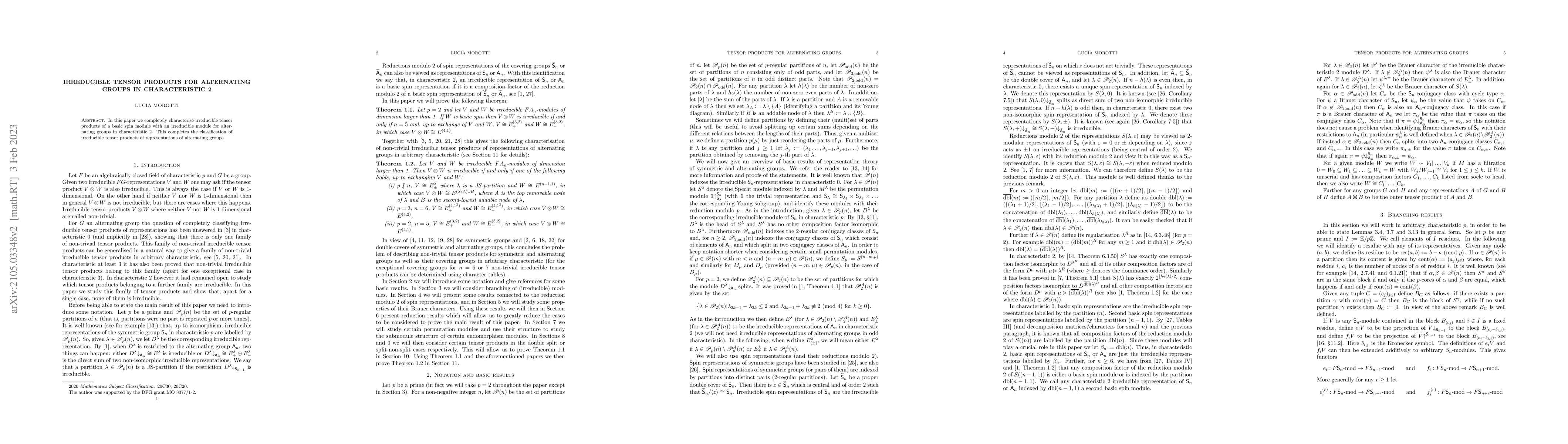 Thumbnail for Irreducible tensor products for alternating groups in characteristic 2