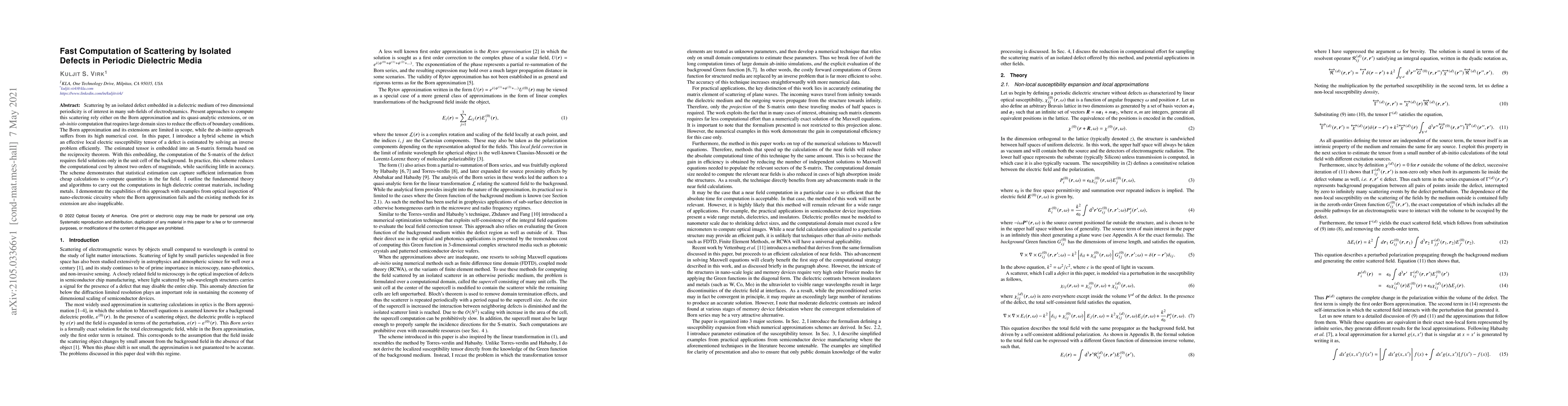 Thumbnail for Fast Computation of Scattering by Isolated Defects in Periodic
  Dielectric Media