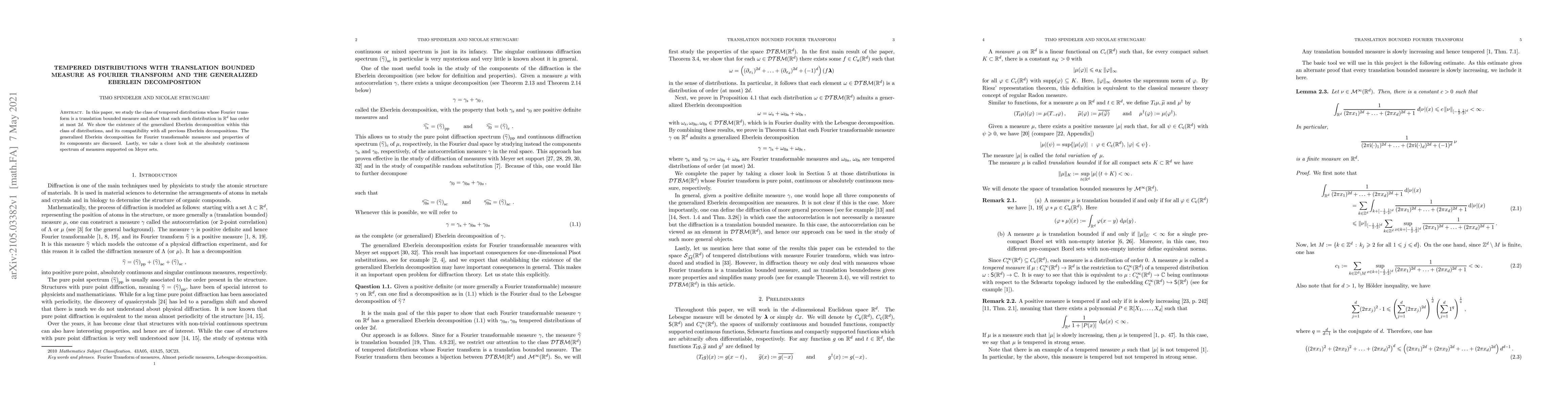 Thumbnail for Tempered distributions with translation bounded measure as Fourier
  transform and the generalized Eberlein decomposition
