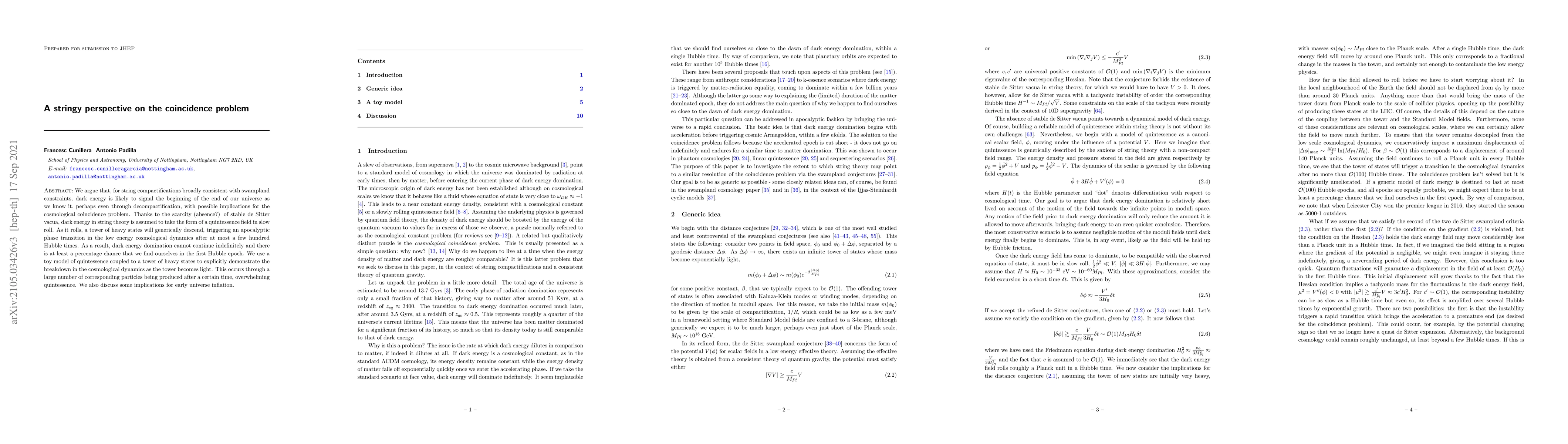 Thumbnail for A stringy perspective on the coincidence problem