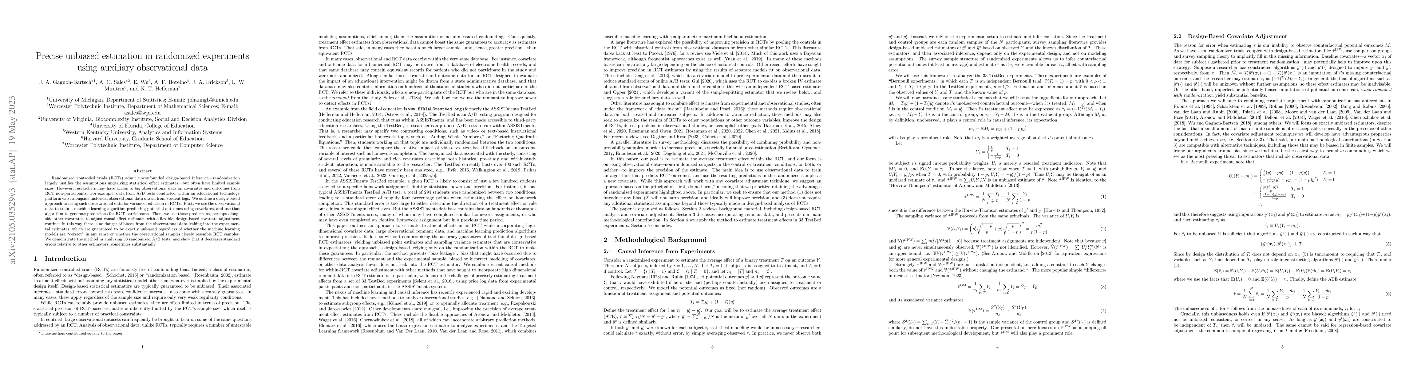 Thumbnail for Precise Unbiased Estimation in Randomized Experiments using Auxiliary
  Observational Data