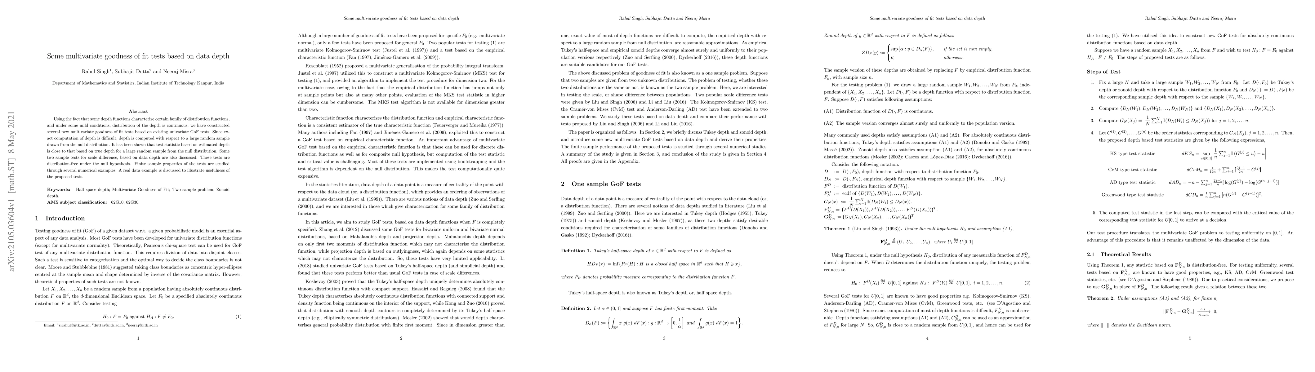 Thumbnail for Some multivariate goodness of fit tests based on data depth