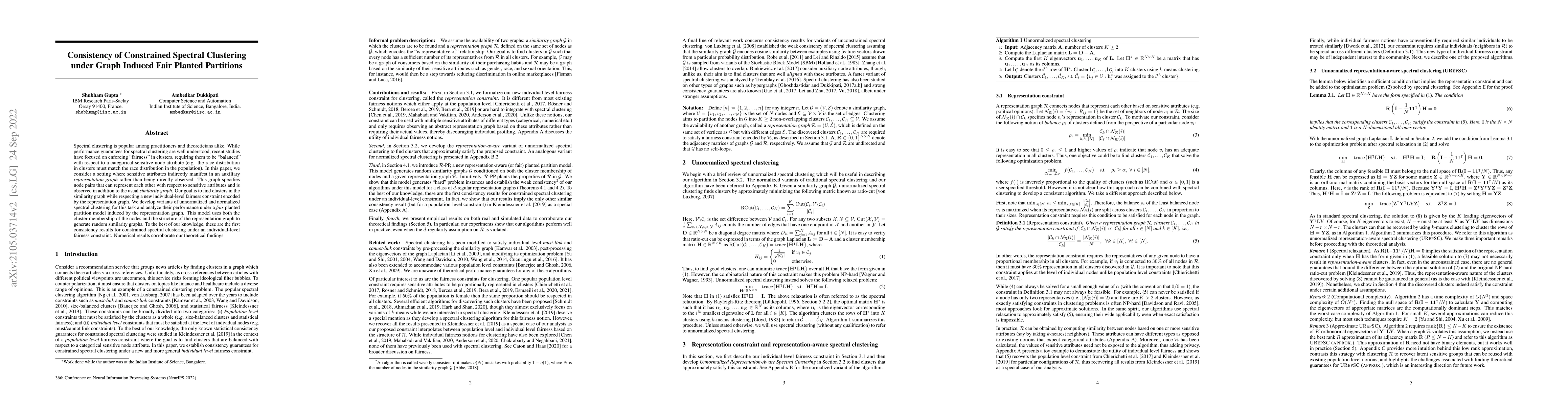 Thumbnail for Consistency of Constrained Spectral Clustering under Graph Induced Fair
  Planted Partitions