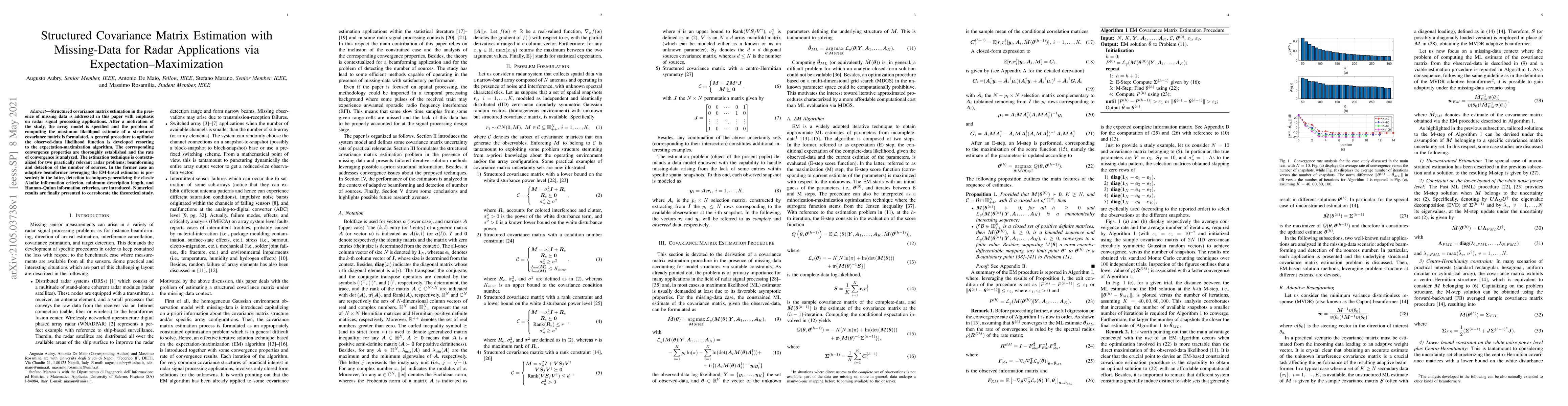 Thumbnail for Structured Covariance Matrix Estimation with Missing-Data for Radar
  Applications via Expectation-Maximization