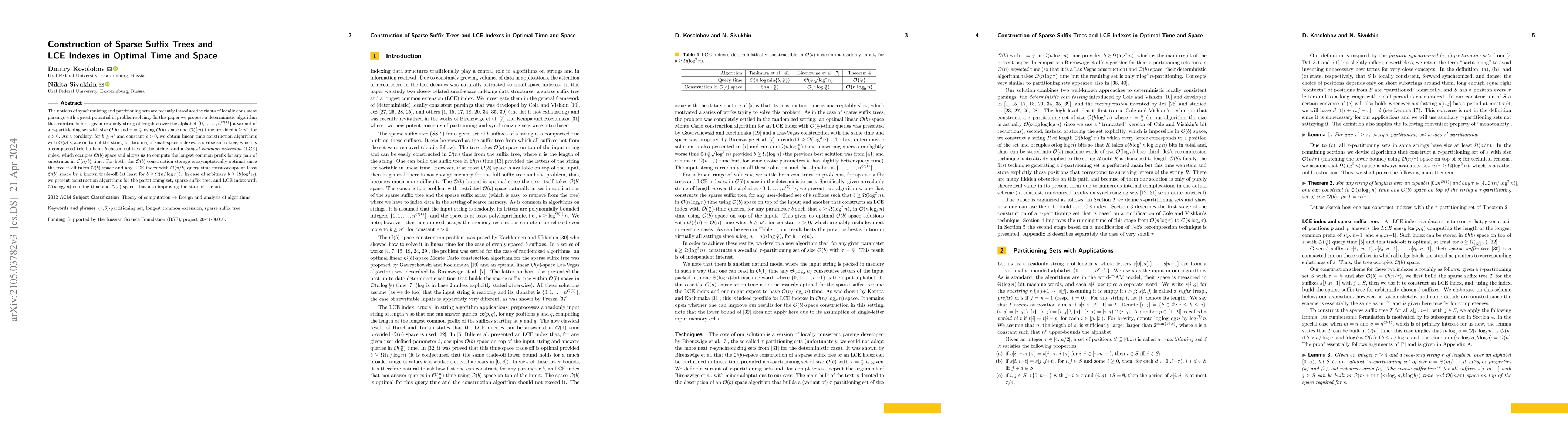 Thumbnail for Construction of Sparse Suffix Trees and LCE Indexes in Optimal Time and
  Space