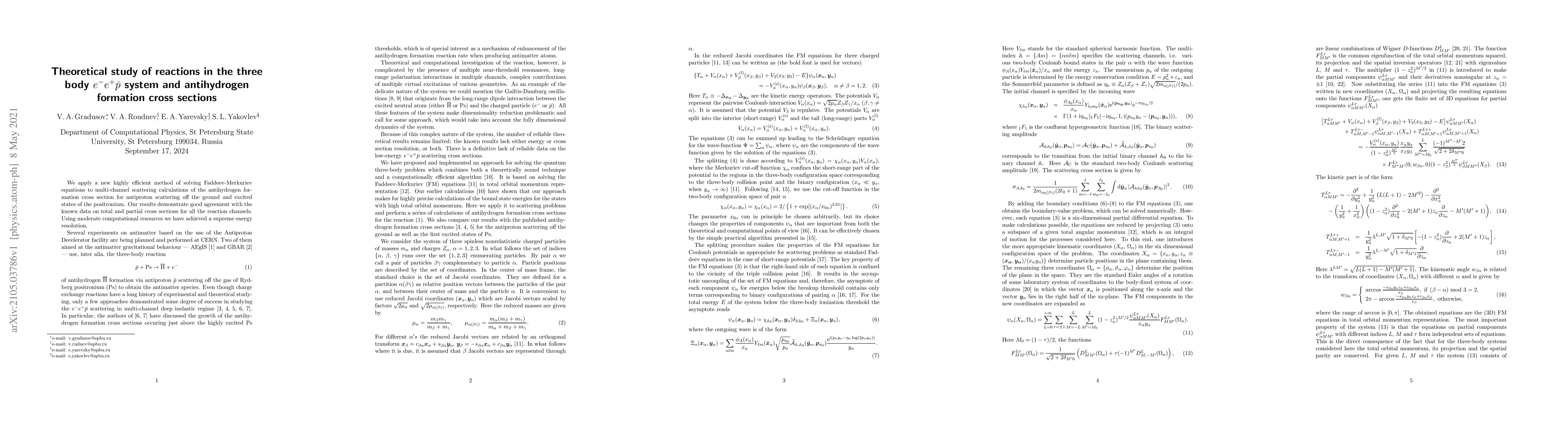 Thumbnail for Theoretical study of reactions in the three body $e^-e^+\bar{p}$ system
  and antihydrogen formation cross sections