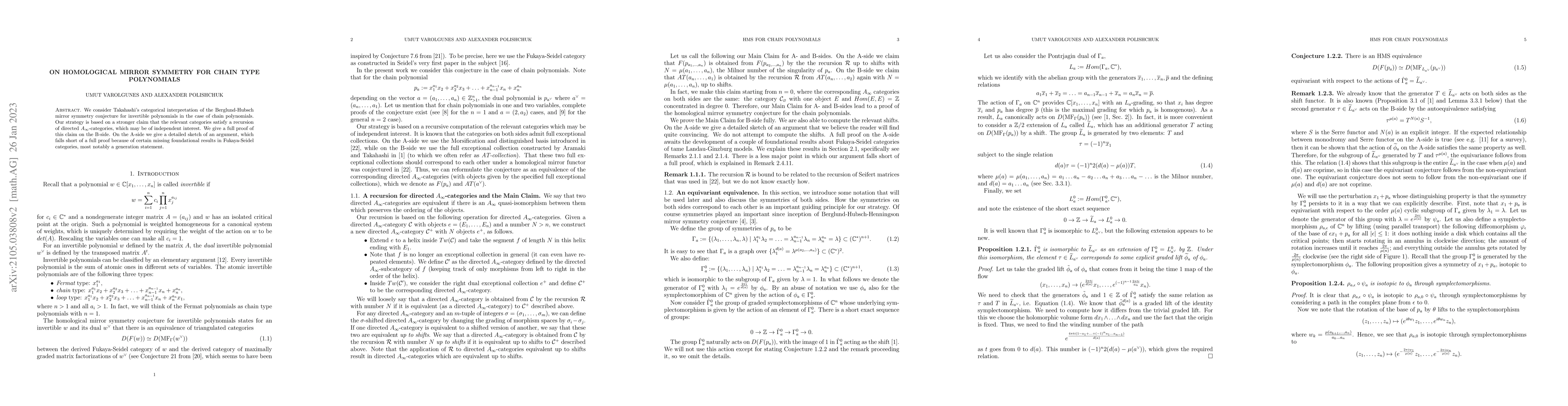Thumbnail for On homological mirror symmetry for chain type polynomials