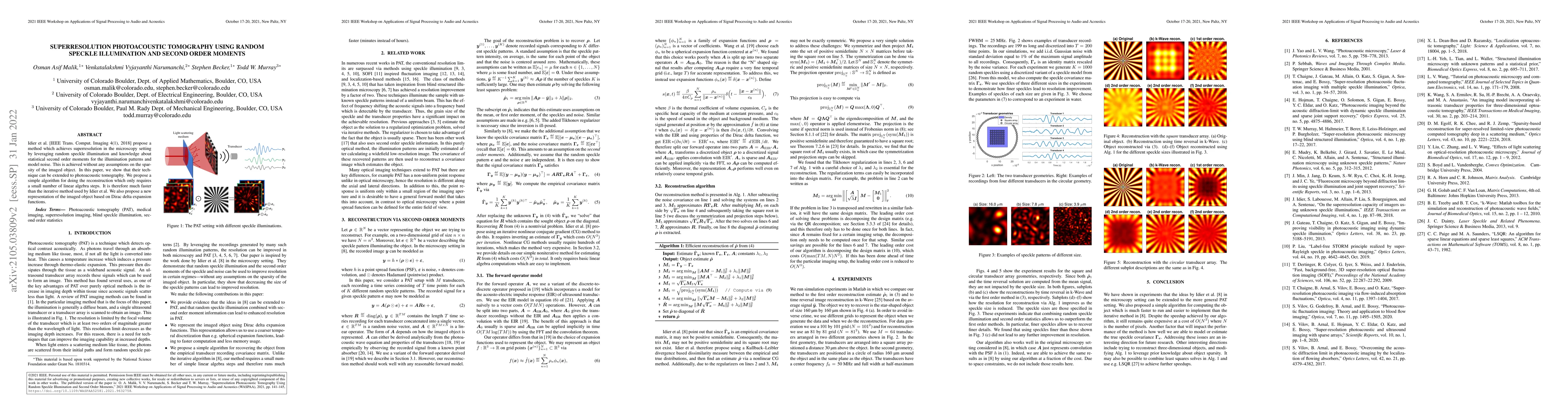 Thumbnail for Superresolution photoacoustic tomography using random speckle
  illumination and second order moments