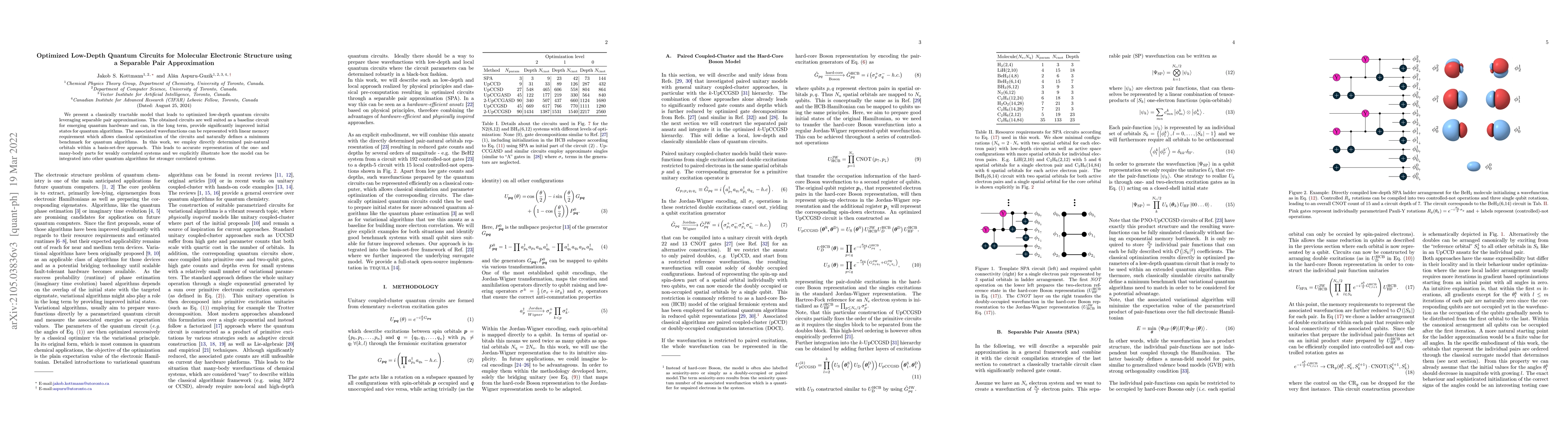 Thumbnail for Optimized Low-Depth Quantum Circuits for Molecular Electronic Structure
  using a Separable Pair Approximation