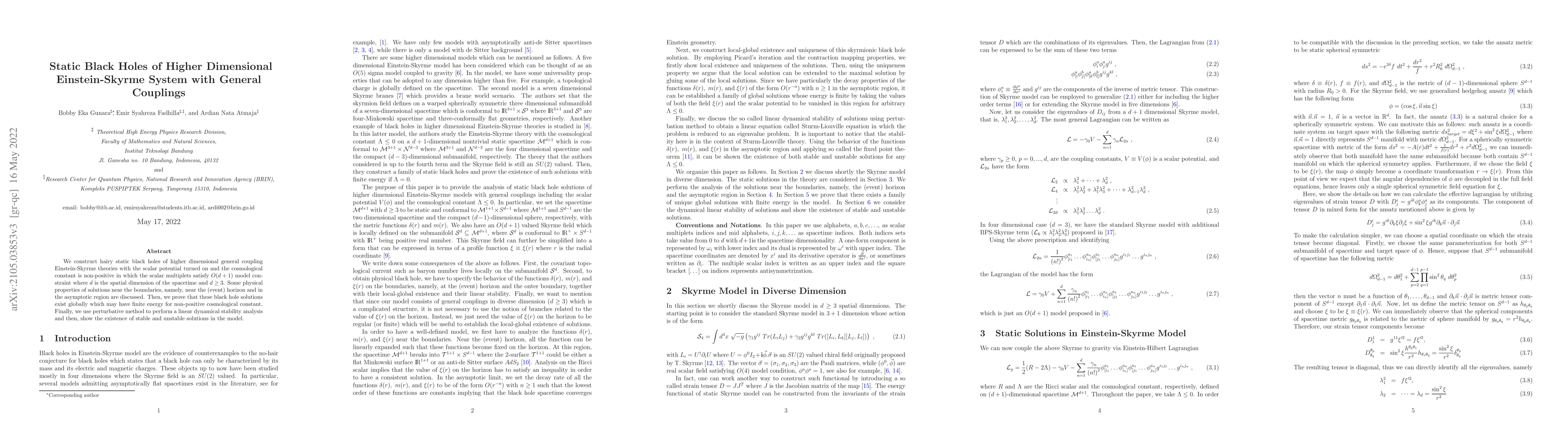 Thumbnail for Static Black Holes of Higher Dimensional Einstein-Skyrme System with
  General Couplings