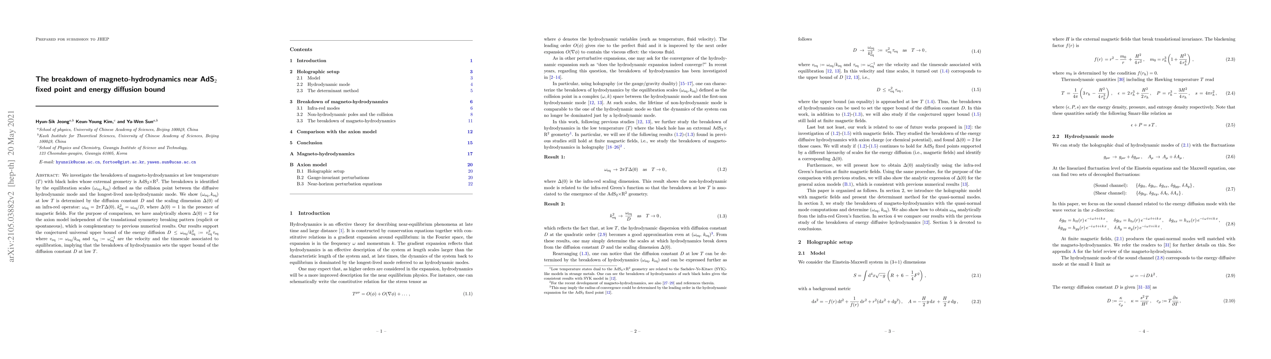 Thumbnail for The breakdown of magneto-hydrodynamics near AdS$_2$ fixed point and
  energy diffusion bound