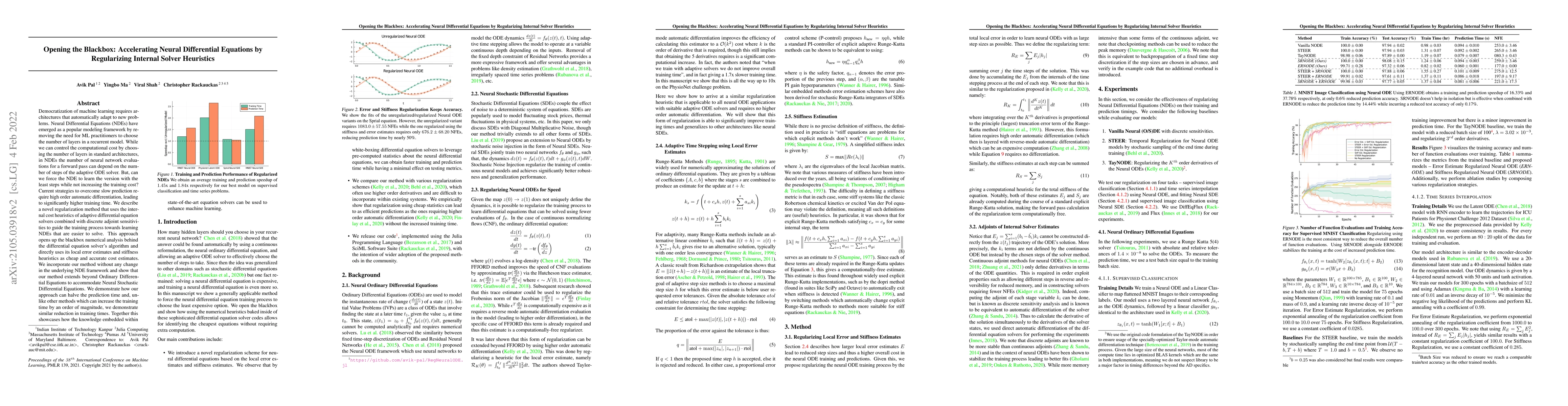 Thumbnail for Opening the Blackbox: Accelerating Neural Differential Equations by
  Regularizing Internal Solver Heuristics