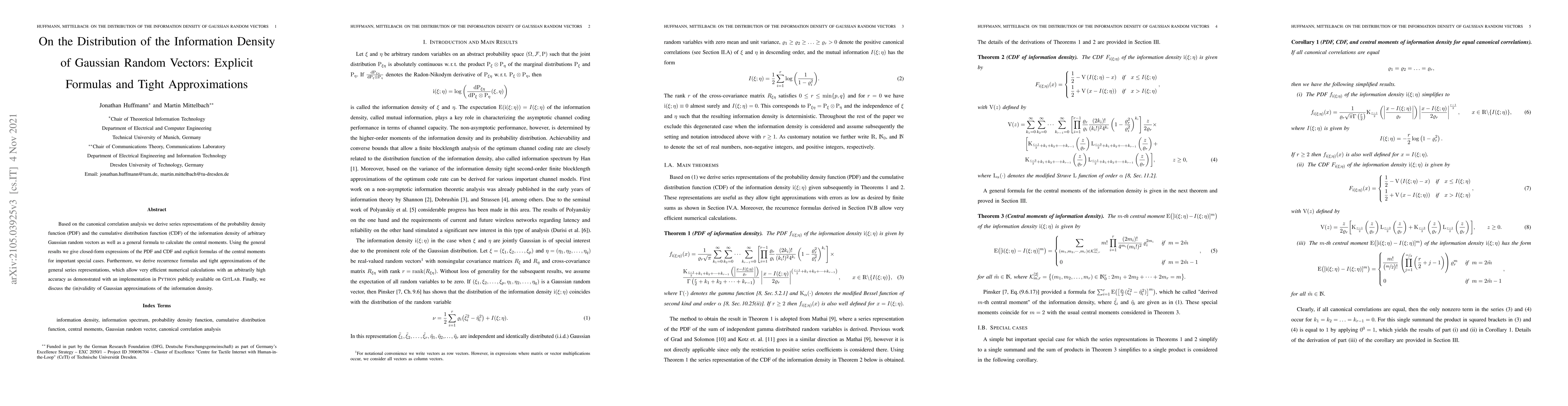 Thumbnail for On the Distribution of the Information Density of Gaussian Random
  Vectors: Explicit Formulas and Tight Approximations