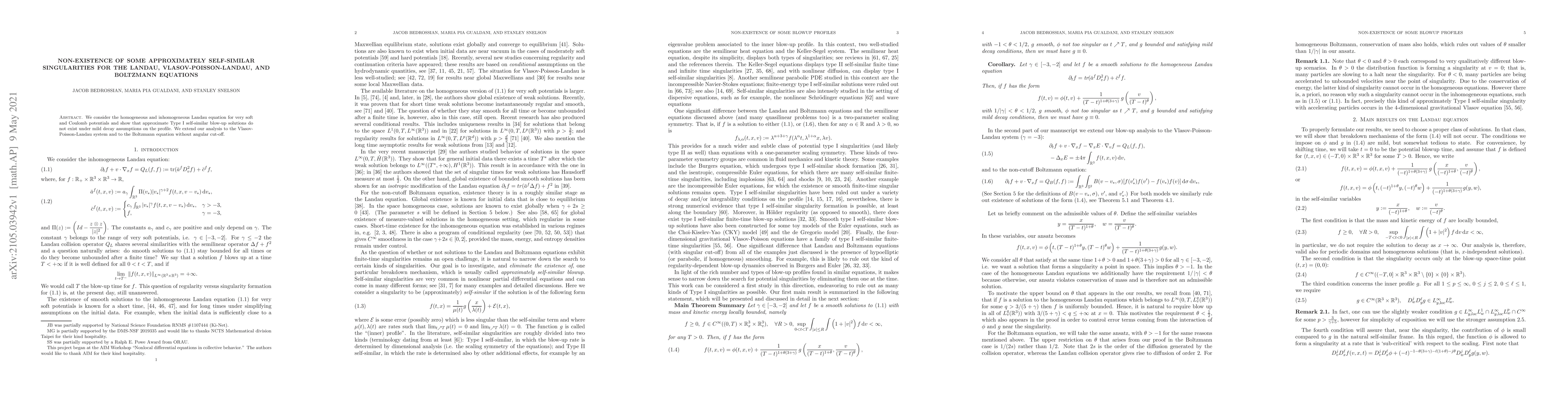 Thumbnail for Non-existence of some approximately self-similar singularities for the
  Landau, Vlasov-Poisson-Landau, and Boltzmann equations