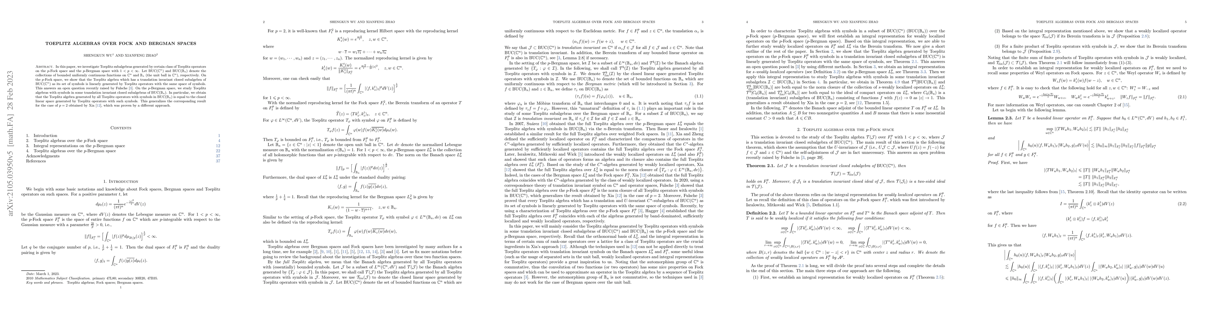 Thumbnail for Toeplitz algebras over Fock and Bergman spaces