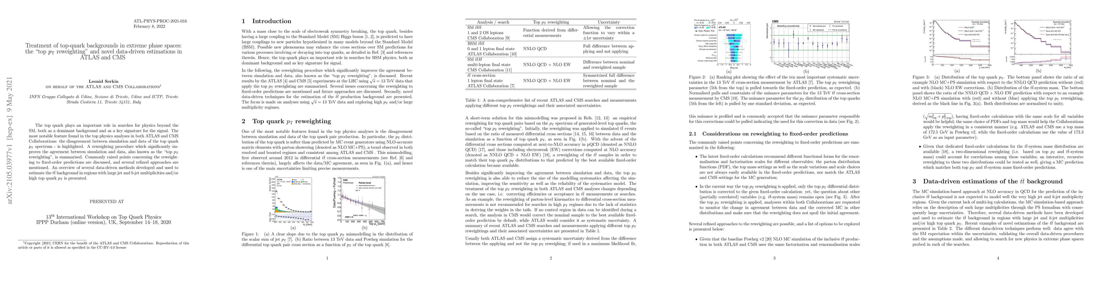 Thumbnail for Treatment of top-quark backgrounds in extreme phase spaces: the "top
  $p_{T}$ reweighting" and novel data-driven estimations in ATLAS and CMS