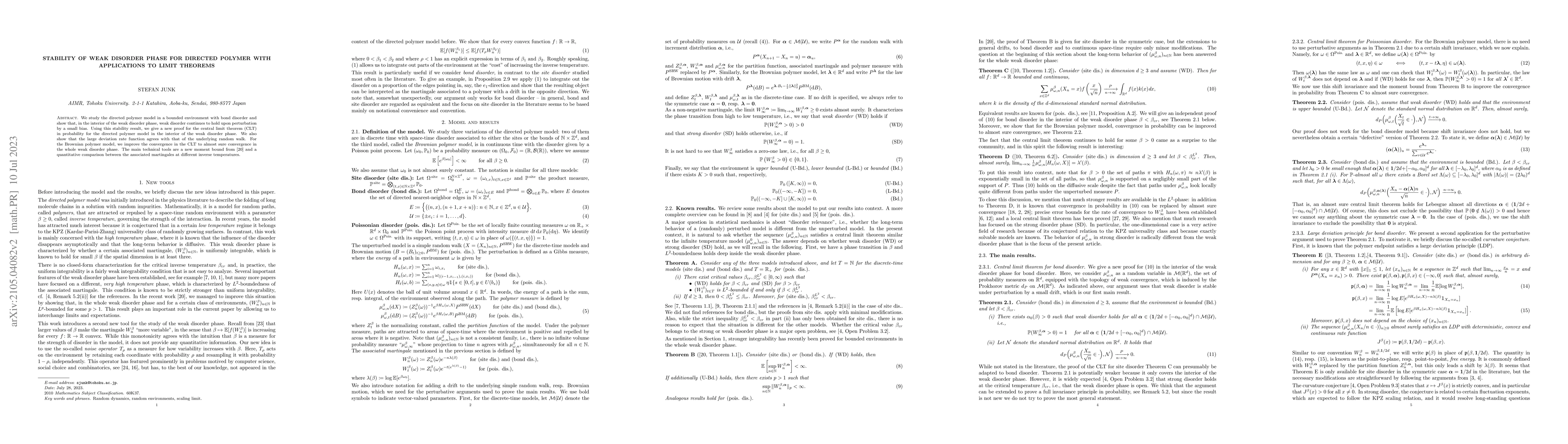 Thumbnail for Stability of weak disorder phase for directed polymer with applications
  to limit theorems