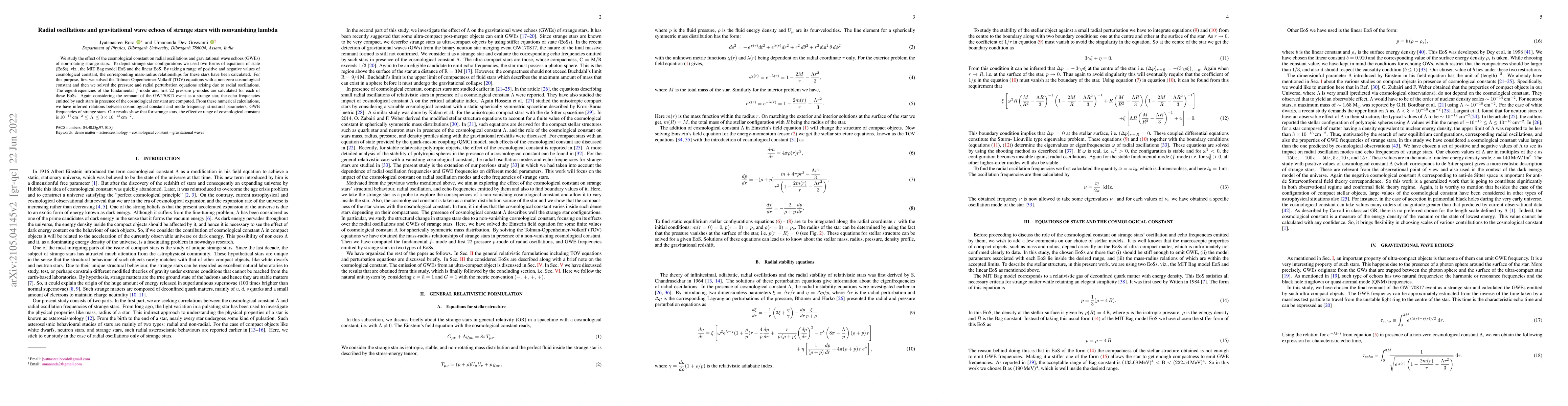 Thumbnail for Radial oscillations and gravitational wave echoes of strange stars with
  nonvanishing lambda