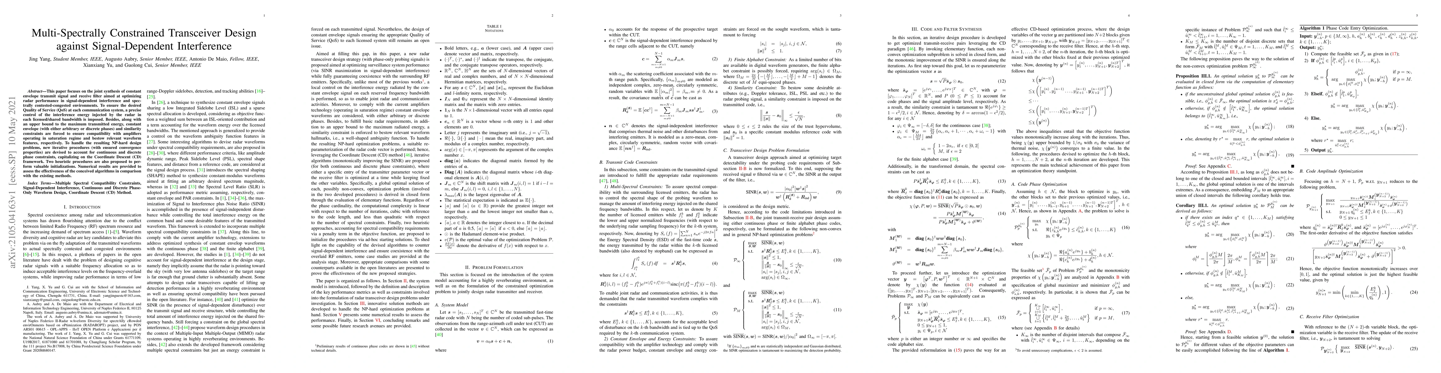 Thumbnail for Multi-Spectrally Constrained Transceiver Design against Signal-Dependent
  Interference