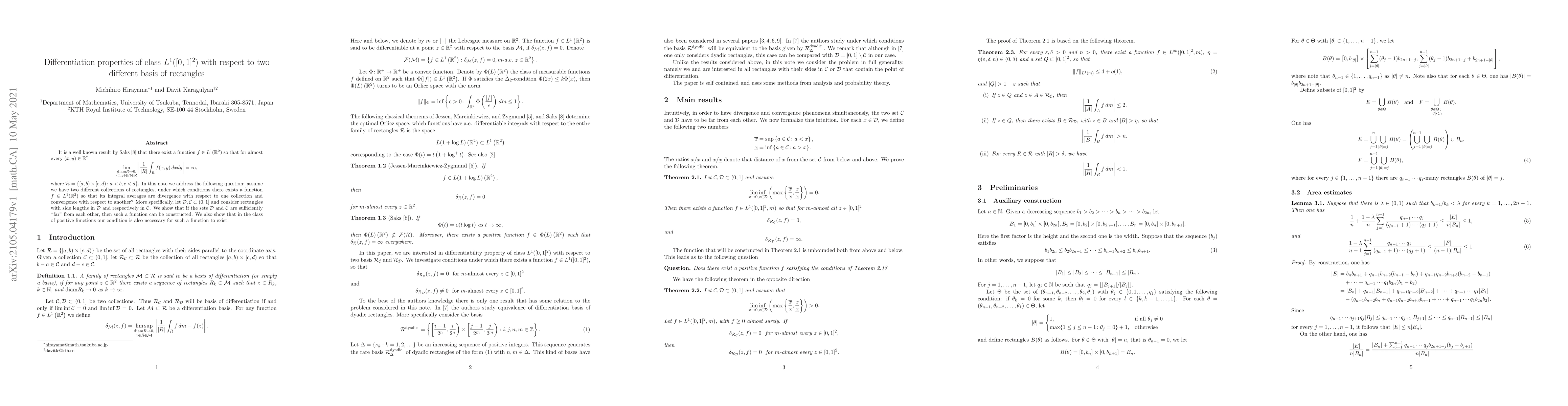 Thumbnail for Differentiation properties of class ${L}^1([0,1]^2)$ with respect to two
  different basis of rectangles