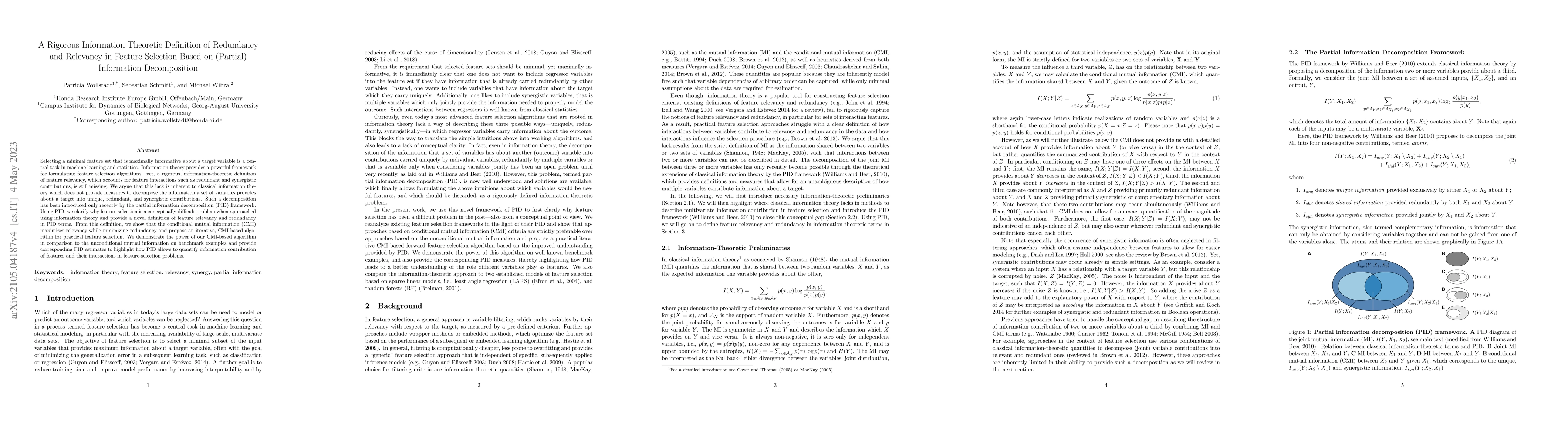 Thumbnail for A Rigorous Information-Theoretic Definition of Redundancy and Relevancy
  in Feature Selection Based on (Partial) Information Decomposition