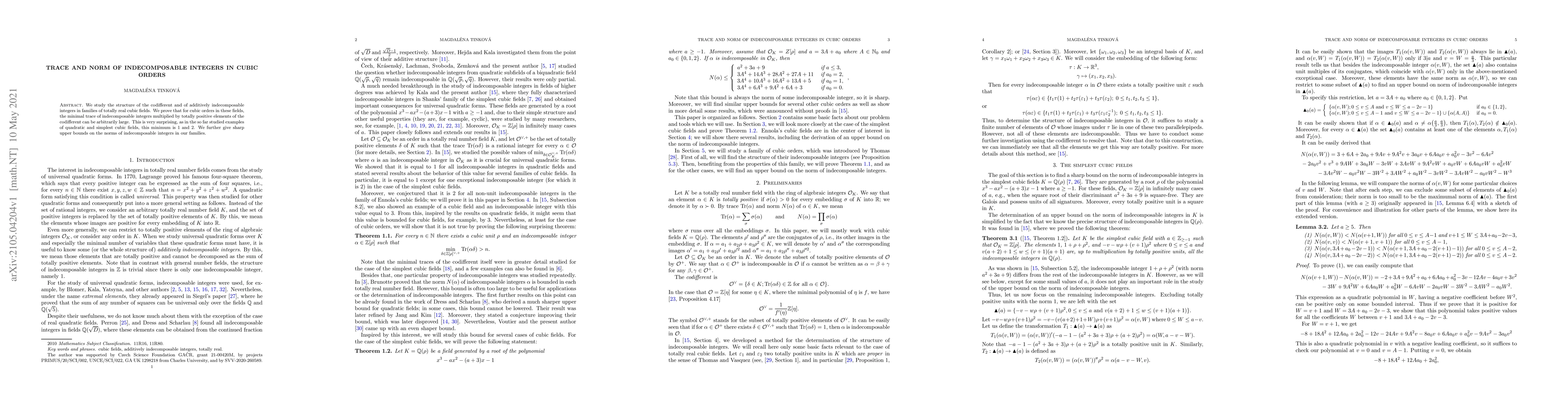 Thumbnail for Trace and norm of indecomposable integers in cubic orders