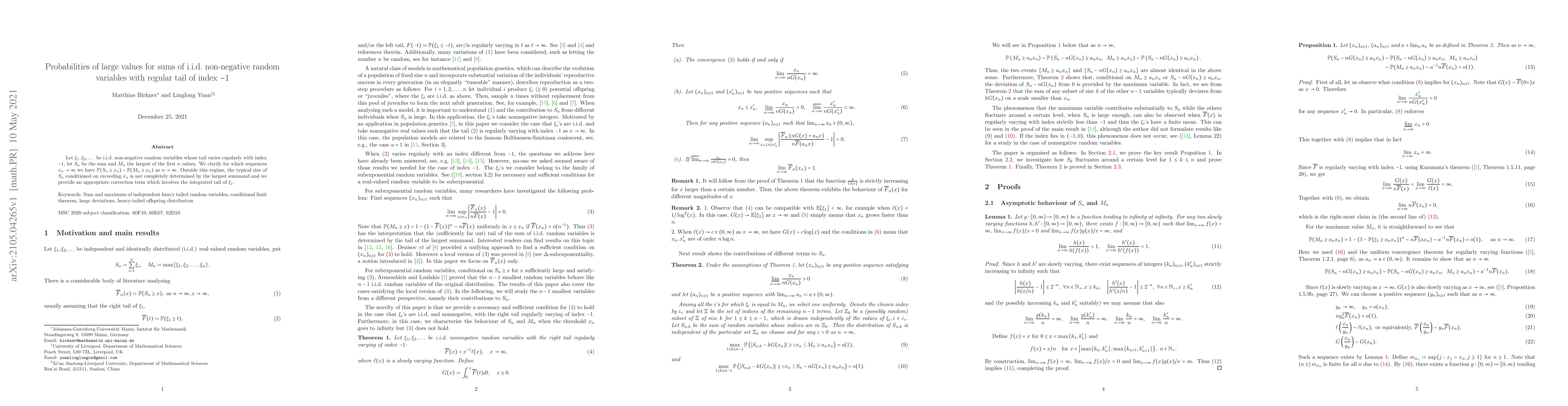 Thumbnail for Probabilities of large values for sums of i.i.d. non-negative random
  variables with regular tail of index $-1$