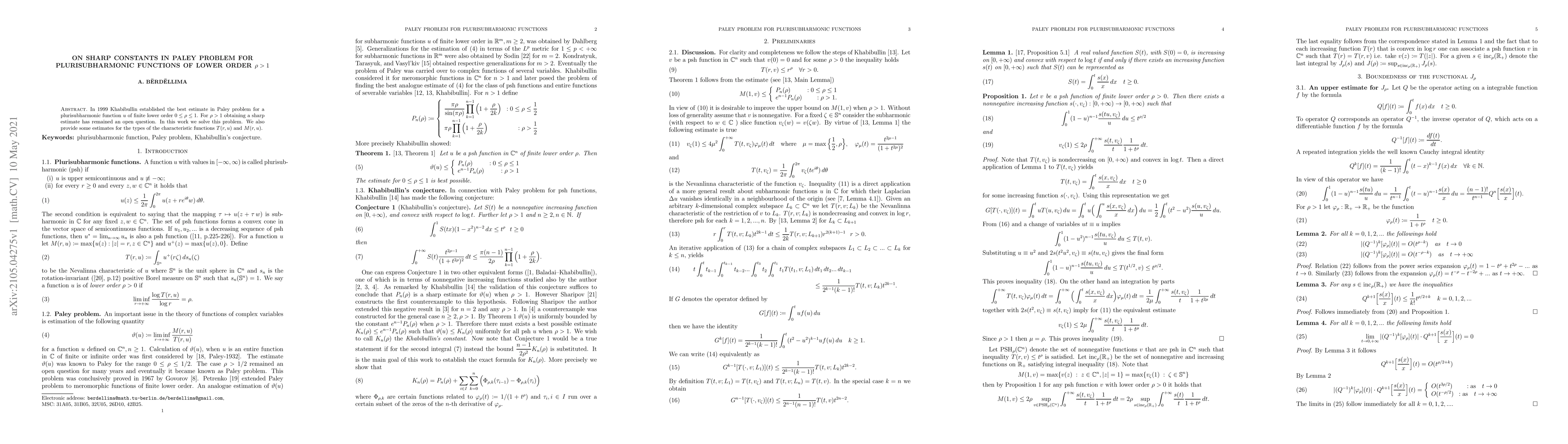 Thumbnail for On sharp constants in Paley problem for plurisubharmonic functions of
  lower order $\rho>1$