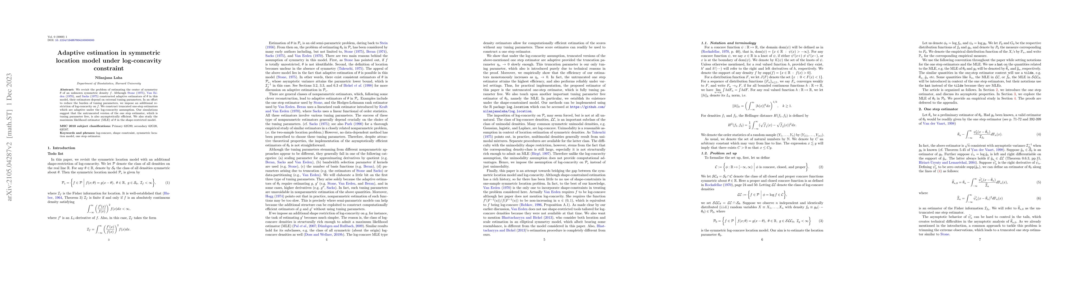 Thumbnail for Adaptive estimation in symmetric location model under log-concavity
  constraint