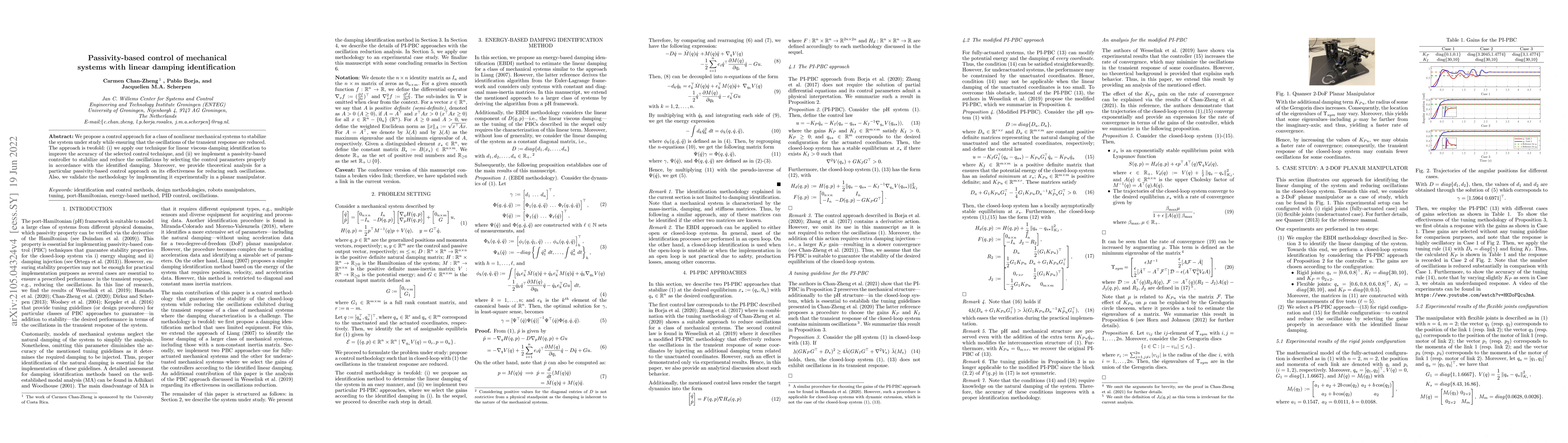 Thumbnail for Passivity-based control of mechanical systems with linear damping
  identification