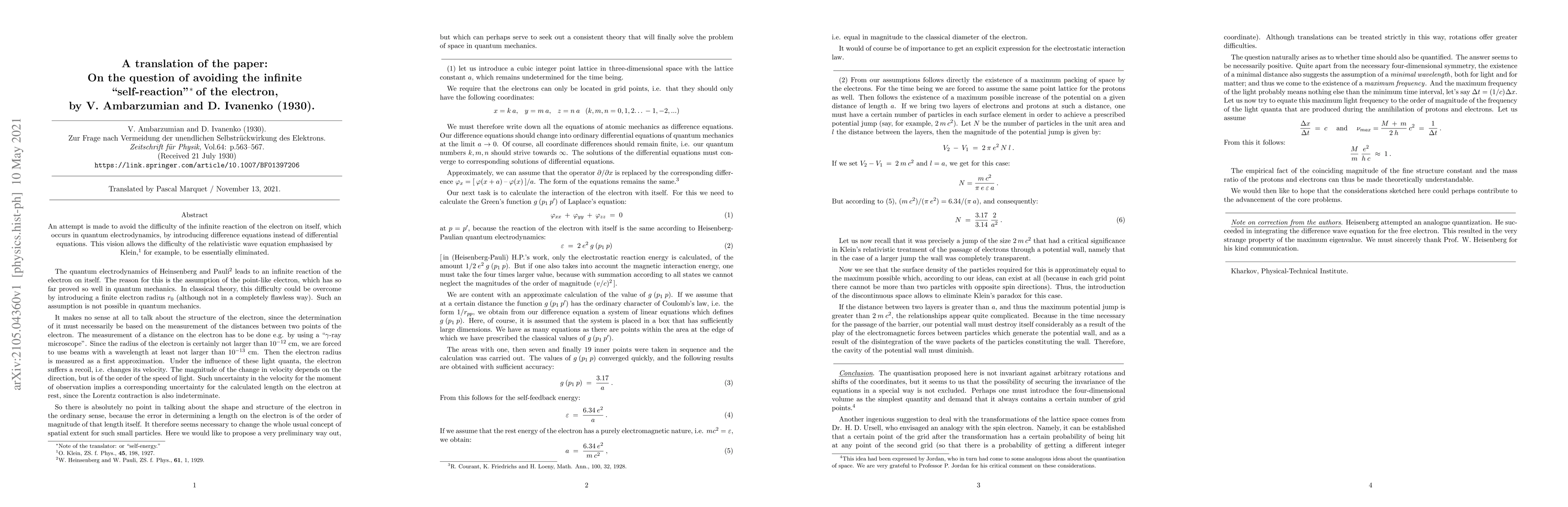 Thumbnail for A translation of the paper: On the question of avoiding the infinite
  "self-reaction" of the electron, by V. Ambarzumian and D. Ivanenko (1930)