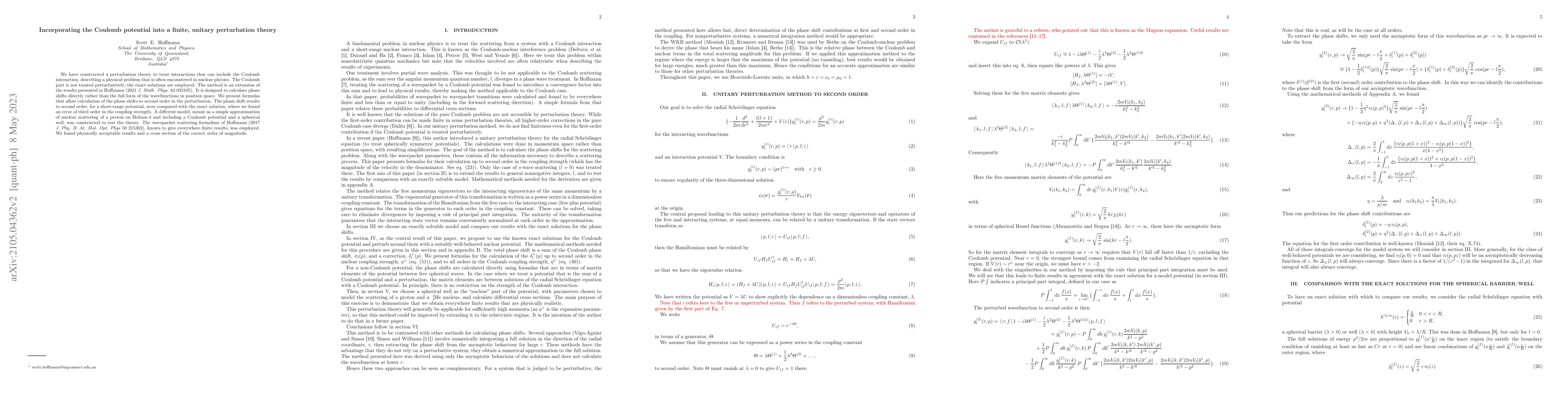 Thumbnail for Incorporating the Coulomb potential into a finite, unitary perturbation
  theory