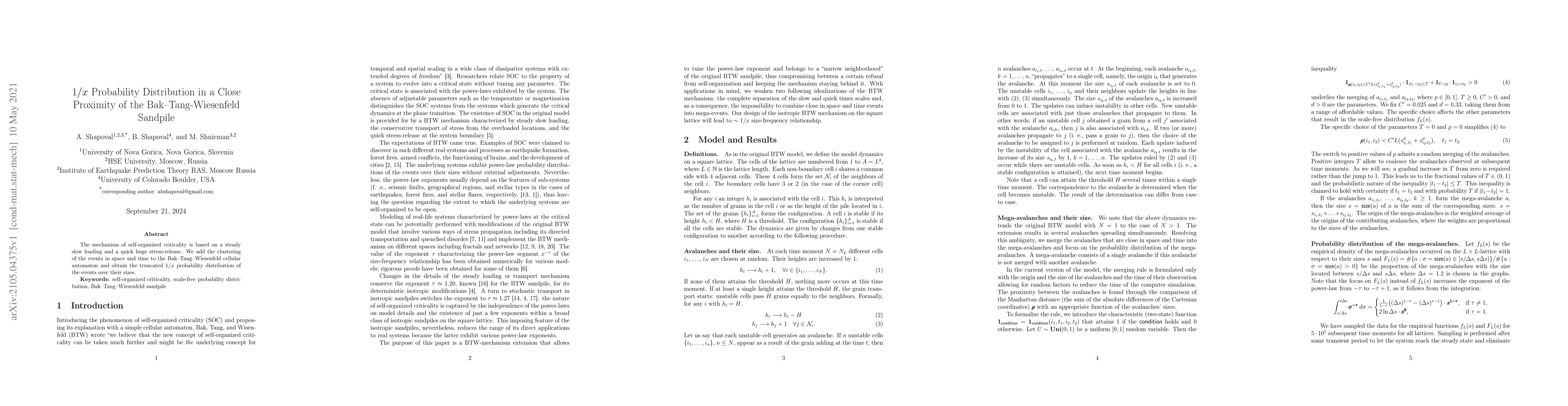 Thumbnail for $1/x$ Probability Distribution in a Close Proximity of the
  Bak-Tang-Wiesenfeld Sandpile