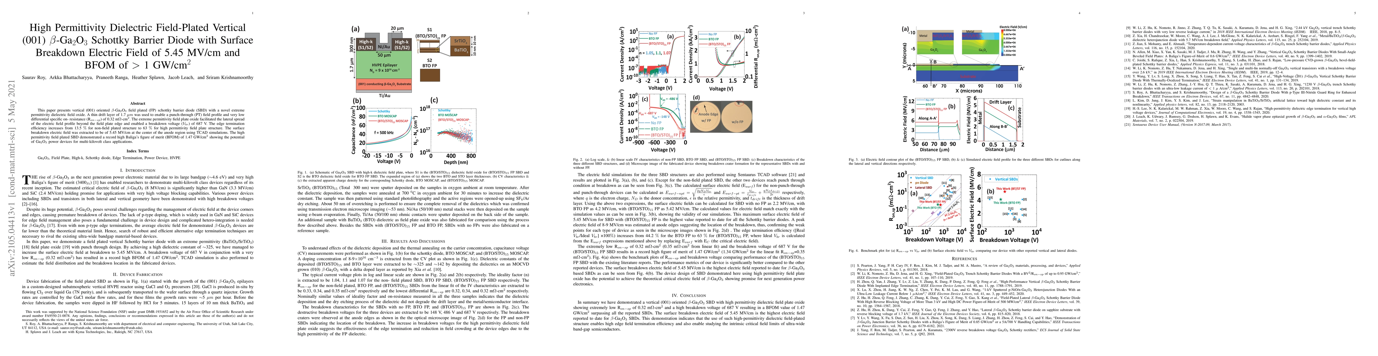 Thumbnail for High Permittivity Dielectric Field-Plated Vertical (001)
  $\beta$-Ga$_2$O$_3$ Schottky Barrier Diode with Surface Breakdown Electric
  Field of 5.45 MV/cm and BFOM of $>$ 1 GW/cm$^{2}$
