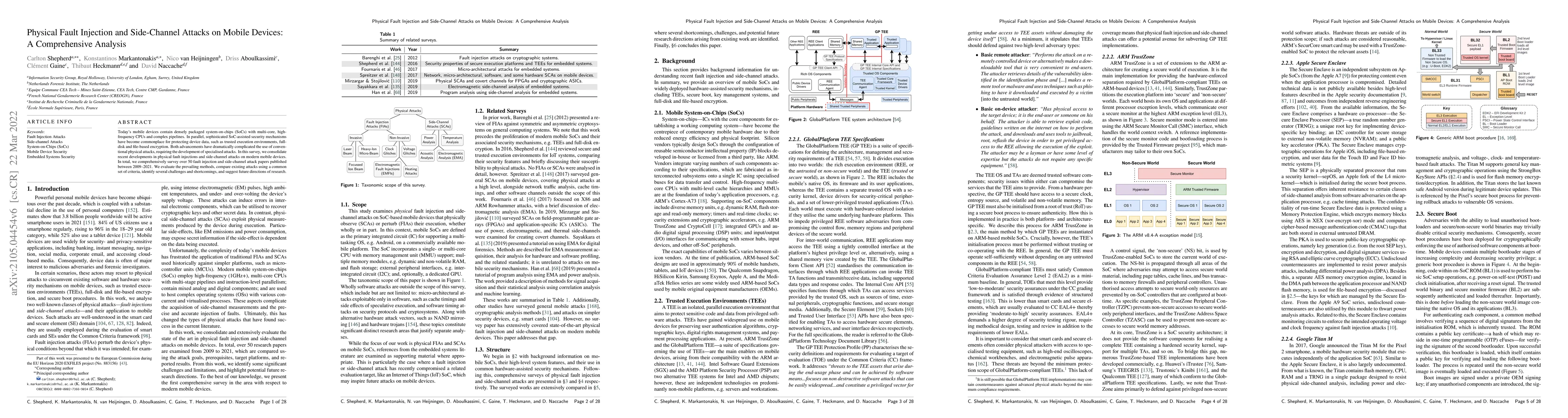 Thumbnail for Physical Fault Injection and Side-Channel Attacks on Mobile Devices: A
  Comprehensive Analysis