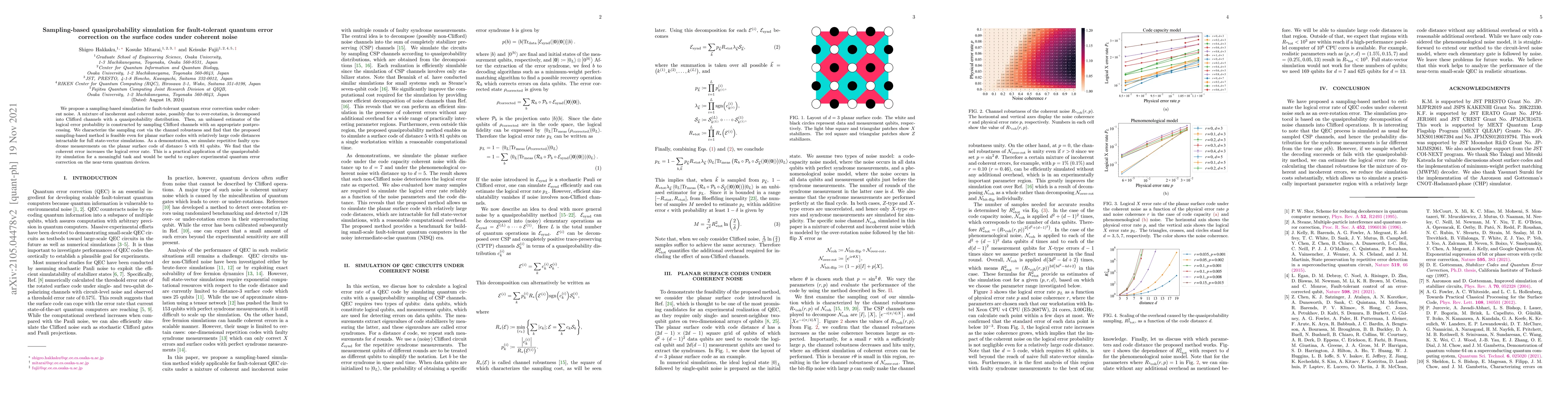 Thumbnail for Sampling-based quasiprobability simulation for fault-tolerant quantum
  error correction on the surface codes under coherent noise
